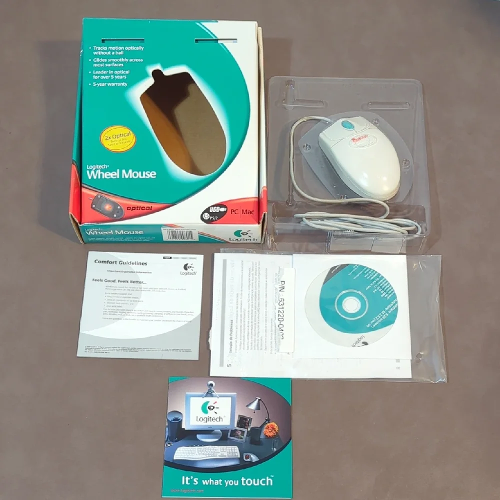Logitech Optical Wheel Mouse USB PC With Box Paperwork Mouseware